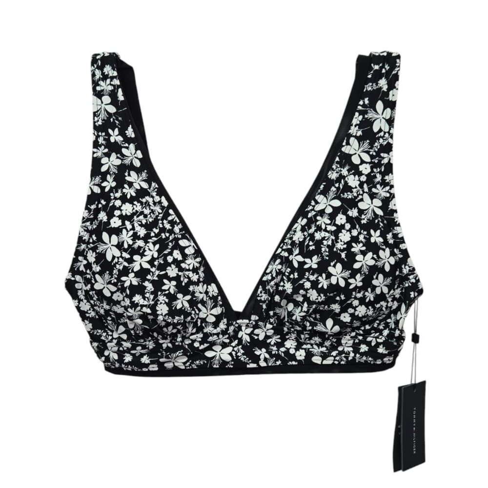 Tommy Hilfiger White/Black Floral Hook Back Bikini Top Size M